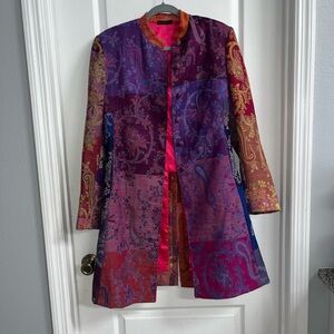 Moksha Tapestry Wool Silk Long Jacket Vibrant Paisley Women's Blazer